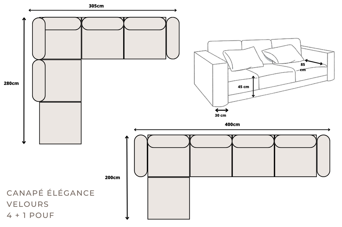 Canapé MAGNUM Velours Modulable 4+1 Pouf