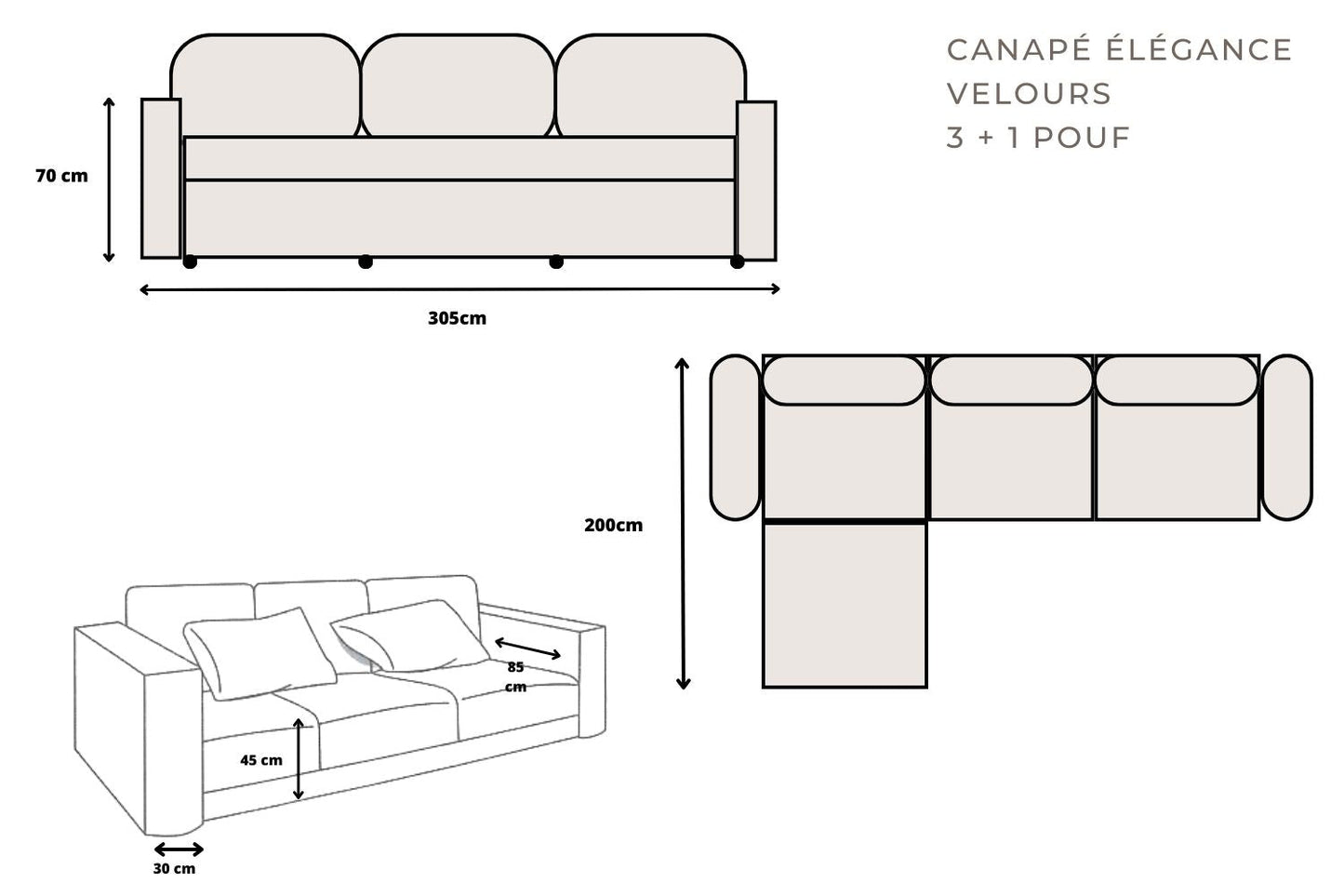 Canapé ELEGANCE Chenille Modulable 3+1 Pouf